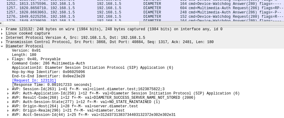 Diameter authentication success reply